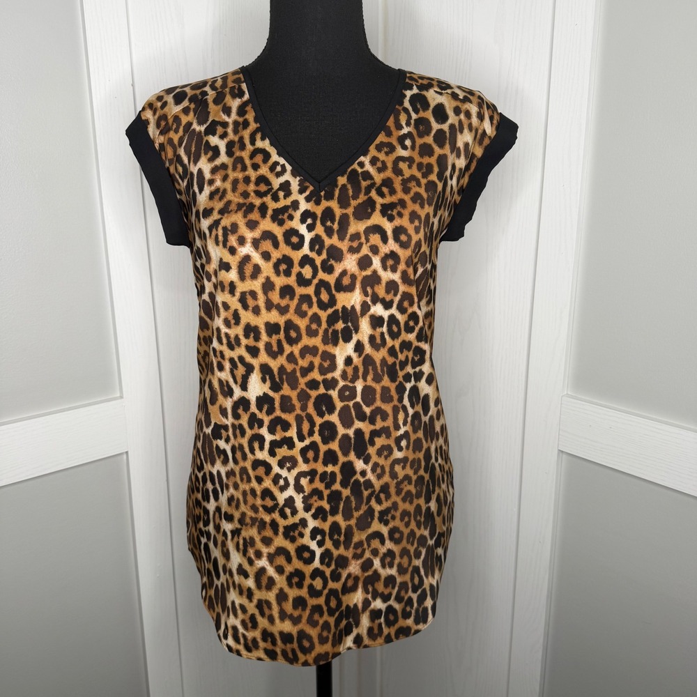 Express V-Neck Blouse Womens XS Brown Leopard Print Cap Sleeve Top